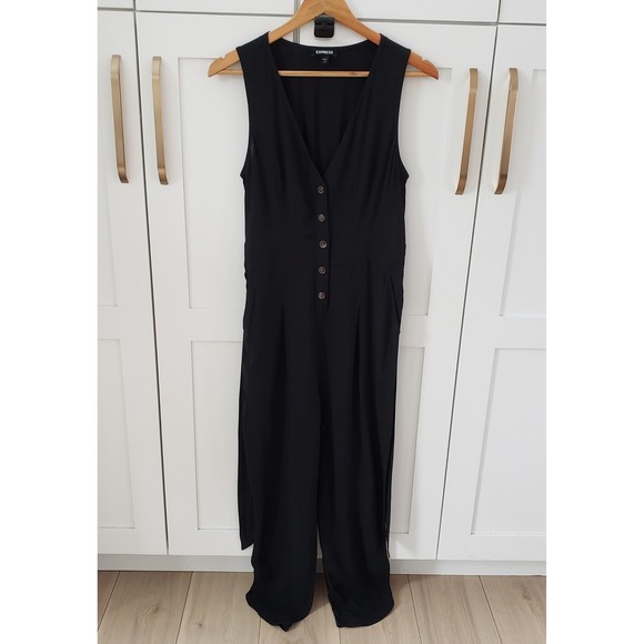 Express Pants - Express Jumpsuit Womens S Black Sleeveless Flare Leg Button Front Belted
